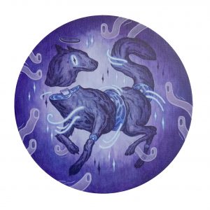 A photo of the acrylic painting "to live is to die" by Julian Hellwig, depicting a wolf being surrounded by the universe and tiny little ghosts in front of an abstract background.