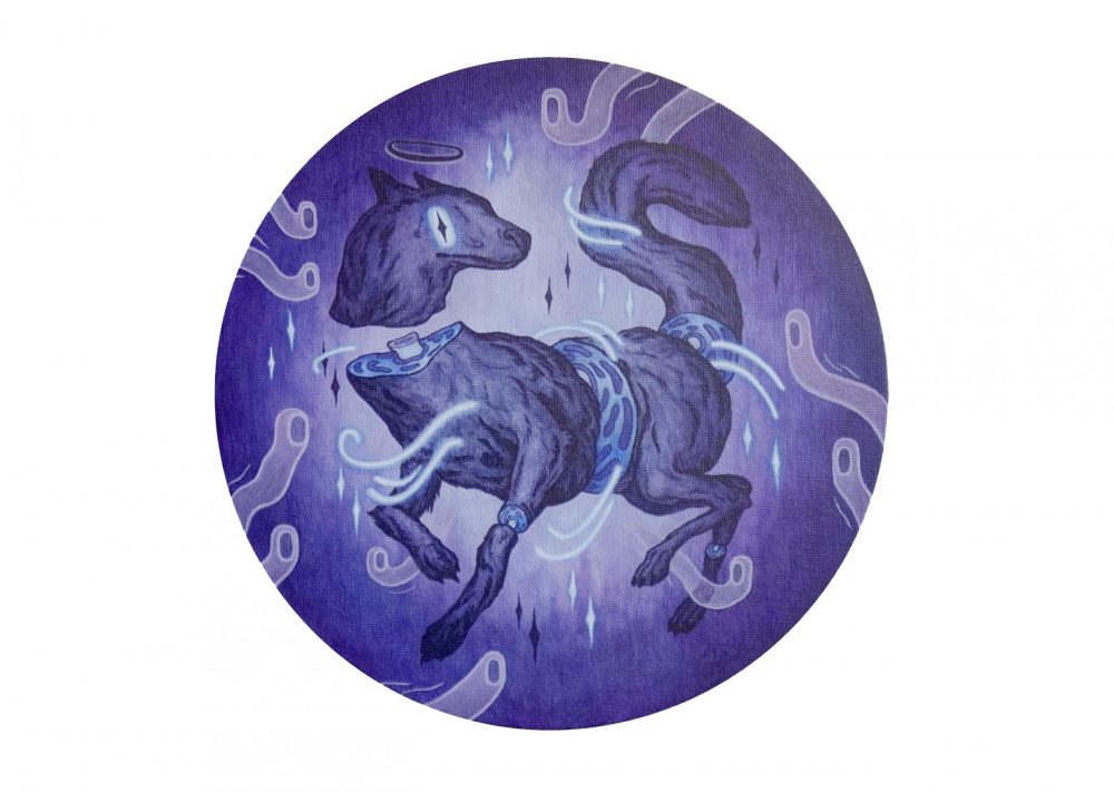 A photo of the acrylic painting "to live is to die" by Julian Hellwig, depicting a wolf being surrounded by the universe and tiny little ghosts in front of an abstract background.