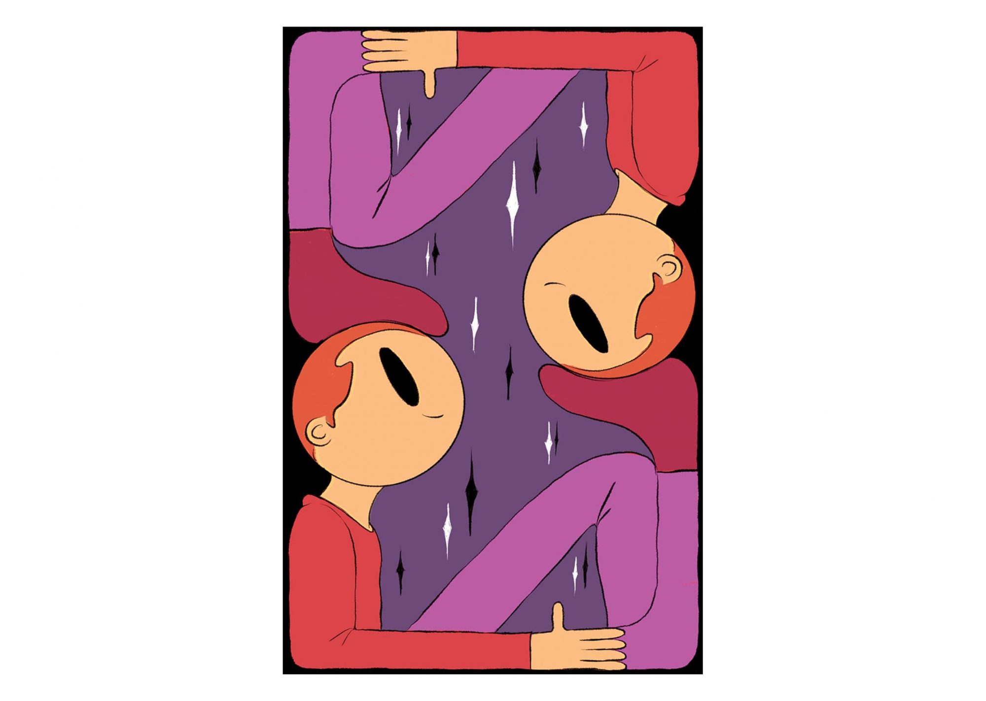 A colorful digital painting about two characters looking at each other compassionately, painted by Julian Hellwig